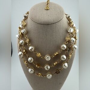 Givenchy Vintage Triple Strand Elegant Goldtone and Faux Pearl Necklace